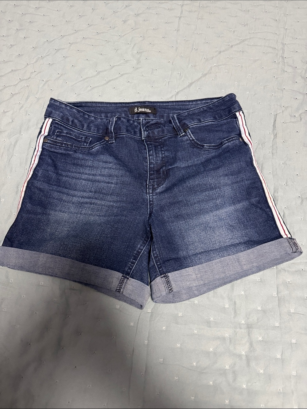 d. jeans Dark Blue Denim Cuffed Shorts with Red & White Side Stripe